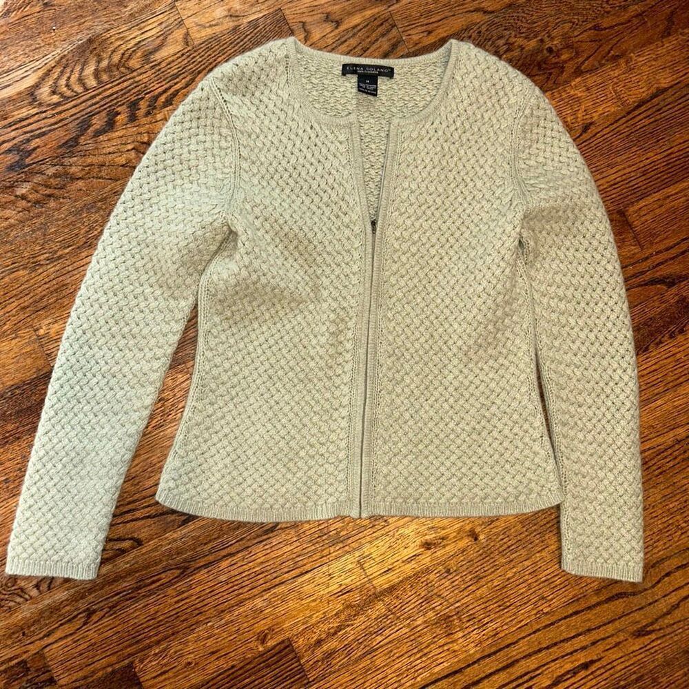 100% Cashmere Pale Green Knit Zip-Front Sweater